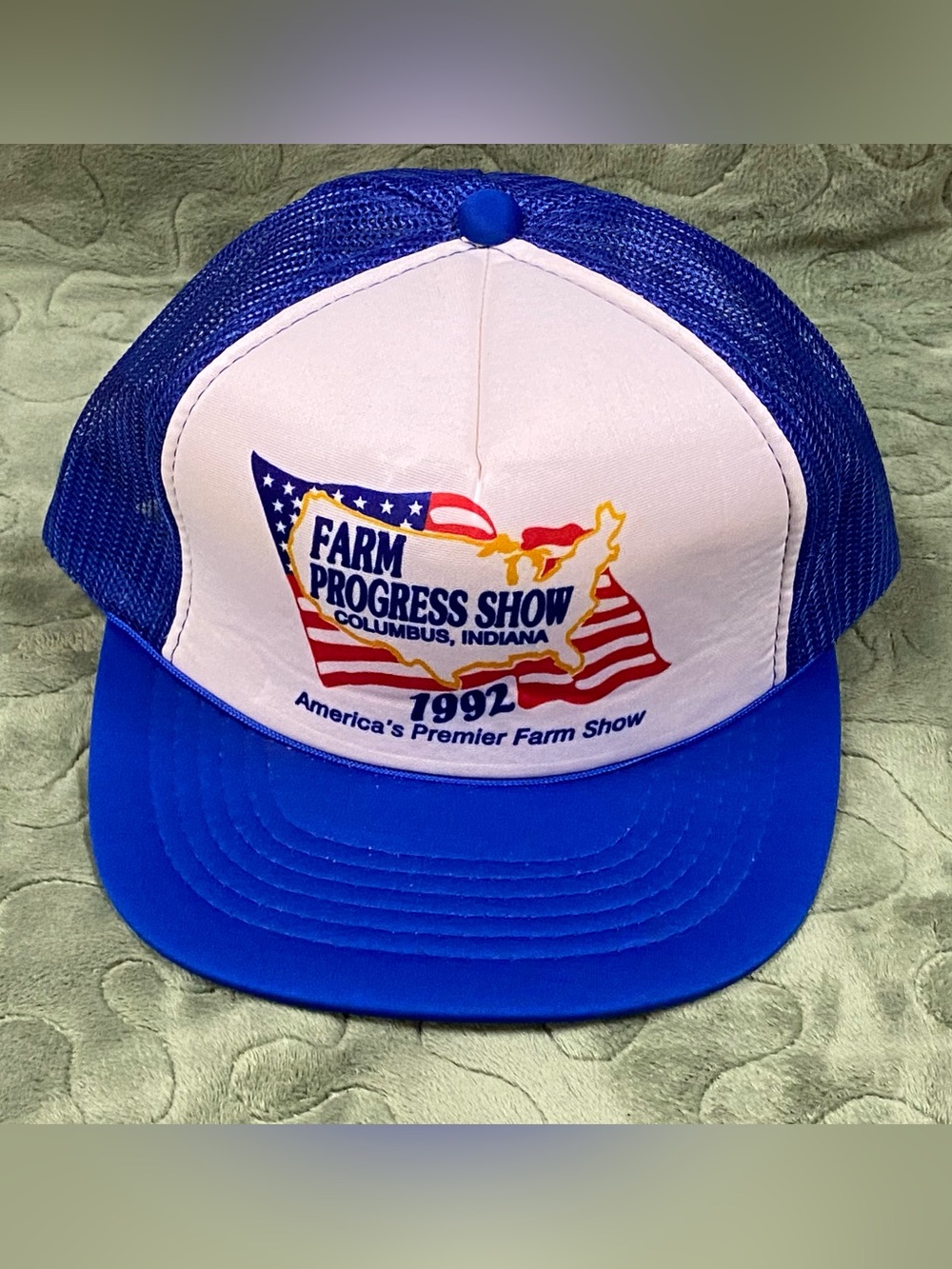 Vintage 1992 SnapBack Trucker Hat, Farm Progress Show, Blue Mesh, Young An